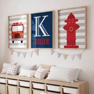 Fire Truck Nursery Art, Fire Truck Prints, Fire Truck Canvas For Boys Bedroom, Navy Monogram, Nursery Wall Art, Baby Firefighter, Set of 3