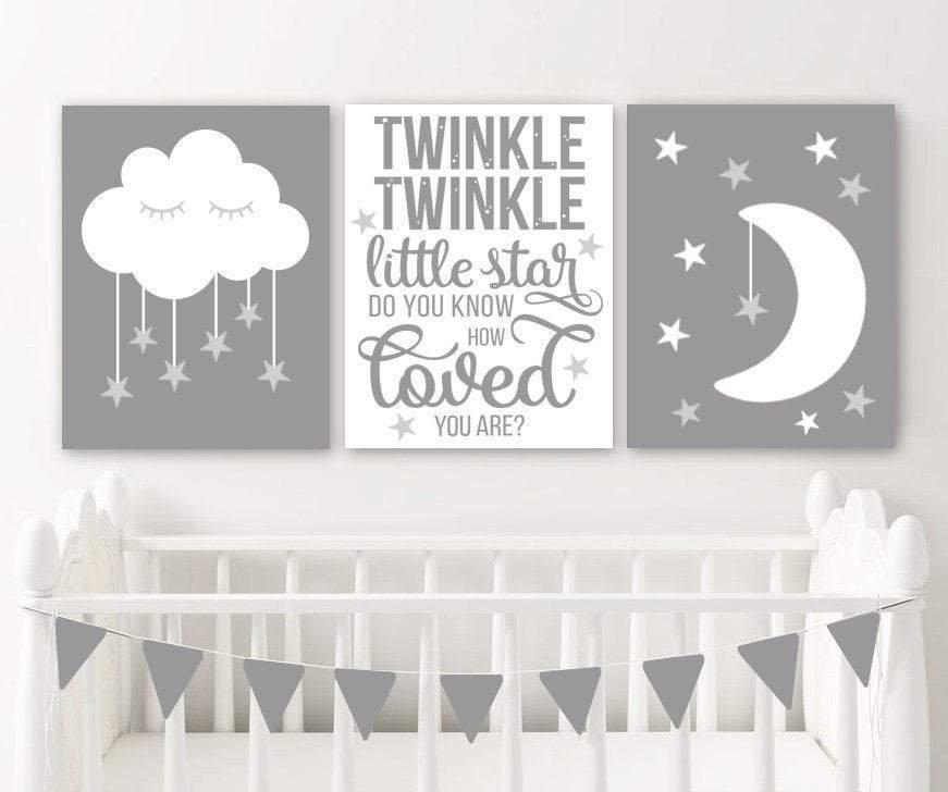 Cloud Nursery Wall Art Moon Cloud Stars Nursery Decor Prints Etsy