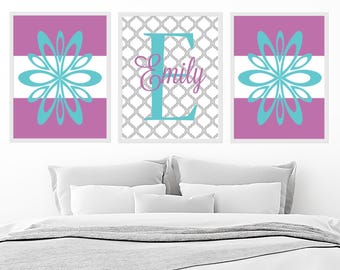 Floral Initial Print Set, Teen Girl Room Decor, Dorm Wall Art, Set of 3