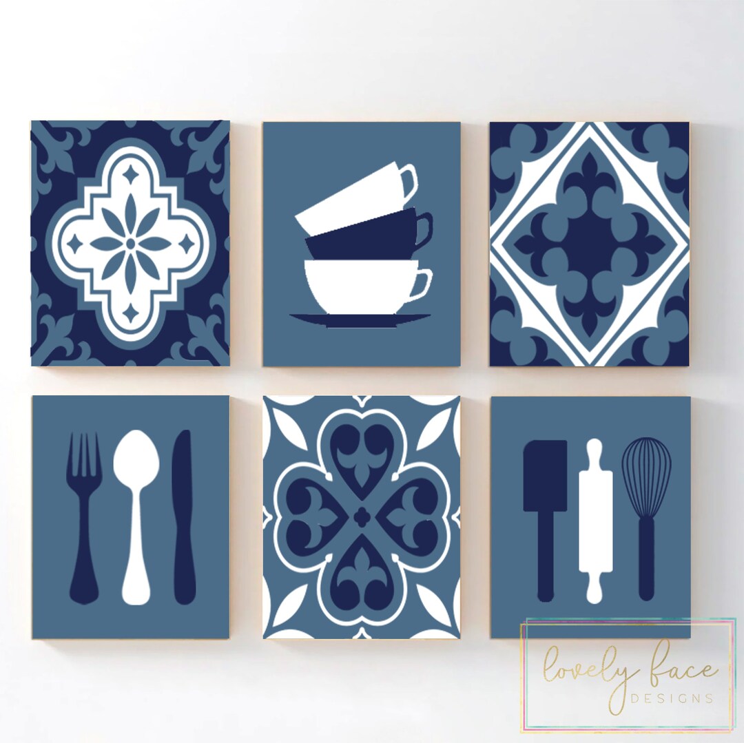 Talavera Kitchen Wall Decor, Navy Blue Kitchen Wall Art Prints or
