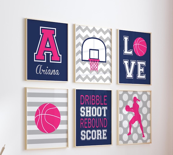 Girl Basketball Wall Art, Basketball Decor, Prints or Canvas, Sports Theme Girl Bedroom Wall Decor, Teen Girl Sports Room Decor, Set of 6