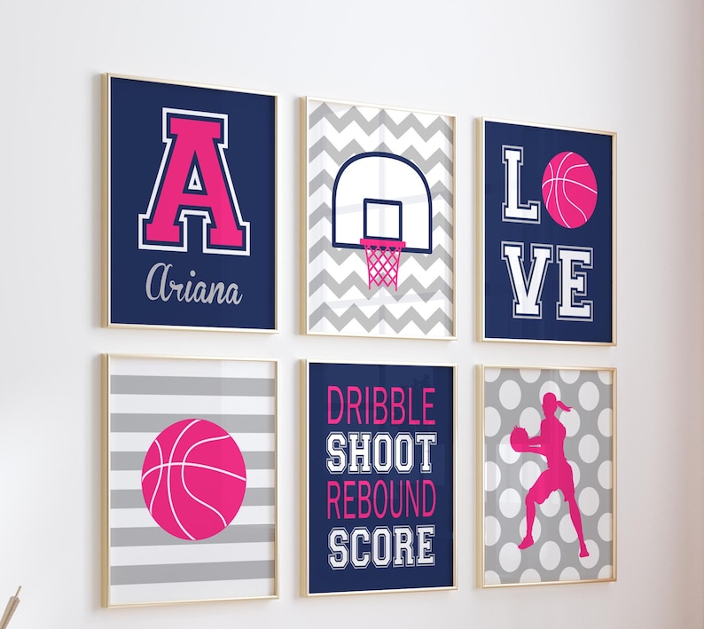 Girl Basketball Wall Art, Basketball Decor, Prints or Canvas, Sports Theme Girl Bedroom Wall Decor, Teen Girl Sports Room Decor, Set of 6