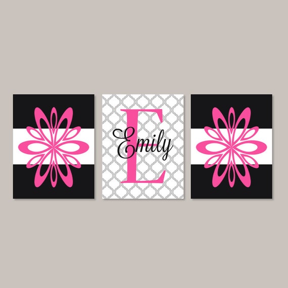 Teen Girl Wall Art Room Decor Floral Flower Hot Pink Black Monogram Name Initial Set Of 3 Prints Or Canvas College Dorm Girl Decorations