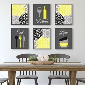 Yellow Gray Kitchen Wall Art, Eat Drink Love Prints or Canvas Kitchen Quote Wall Decor, Dining Room Wall Decor, Kitchen Pictures Set of 6