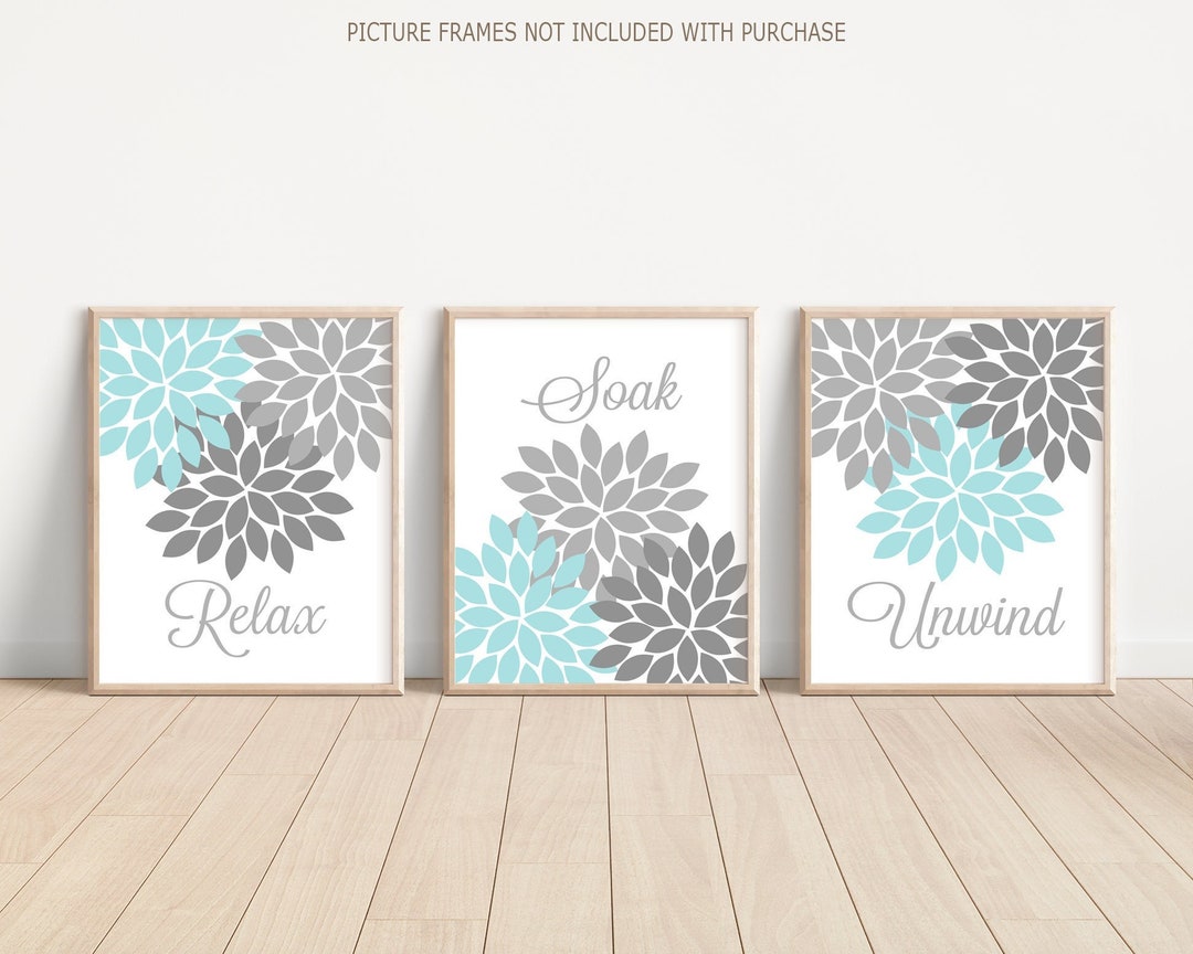 Aqua Gray Bathroom Wall Art Prints or Canvas Flower Bathroom Etsy