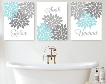 Aqua Gray Bathroom Wall Art, Bathroom Prints, Flower Bathroom Pictures ...