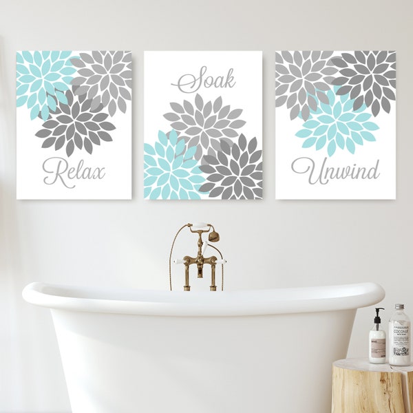 Aqua Grey Badezimmer Wandkunst, Badezimmer Drucke oder Leinwand Blumen Badezimmer Bilder, Relax Soak Unwind, Badezimmer Dekor, 3er-Set