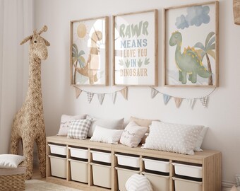 Watercolor Dinosaur Prints, Boys Nursery Decor, Set of 3