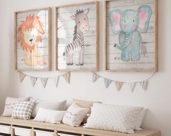 Safari Nursery Prints: Lion, Zebra, Elephant Watercolor Art - Set of 3