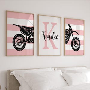 Girls dirt bike nursery or bedroom decor, girls pink dirt bike prints or canvas, girl dirt bike themed art set of 3, pink dirt bike decor image 1