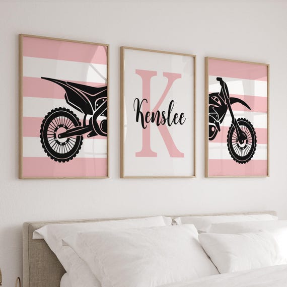 Girls dirt bike nursery or bedroom decor, girls pink dirt bike prints or canvas, girl dirt bike themed art set of 3, pink dirt bike decor