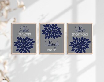 Live Laugh Love Flower Wall Art, Navy Gray Prints, Set of 3