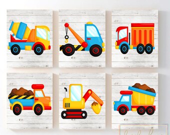 Construction Wall Art, Construction Trucks Wall Decor, Big Boy Bedroom Prints or Canvas Baby, Boy Nursery Decor, Dump Truck Set of 6