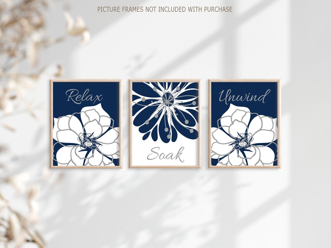 Navy Blue Bathroom Wall Art Prints or Canvas, Relax Soak Unwind