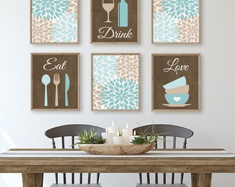 Kitchen Wall Art, Eat Drink Love Prints or Canvas Kitchen Quote Wall Decor, Dining Room Wall Decor, Kitchen Pictures Aqua Beige Set of 6