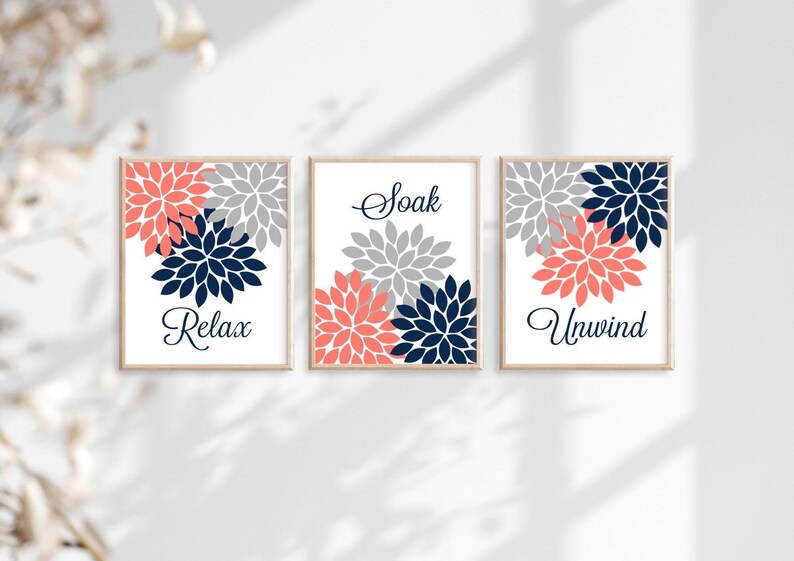 Teal Gray Bathroom Decor, Bathroom Wall Art, Prints or Canvas Floral Bathroom Wall Decor, Relax Soak Unwind, Bathroom Quotes, Set of 3 画像 5