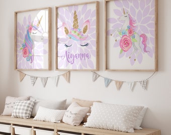 Personalized Unicorn Wall Art, Personalized Unicorn Nursery Decor, Lavender Unicorn Prints, Set of 3 Canvas Unicorn Theme, Baby Girl Nursery