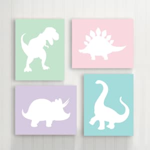 Girl Dinosaur Wall Art, Girl Dinosaur Pictures, Prints or Canvas Dinosaur Decor, Baby Girl Dinosaur Nursery, Girl Dino Bedroom, Set of 4