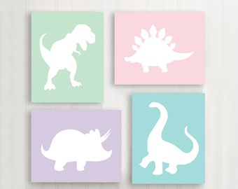 Girl Dinosaur Wall Art, Girl Dinosaur Pictures, Prints or Canvas Dinosaur Decor, Baby Girl Dinosaur Nursery, Girl Dino Bedroom, Set of 4