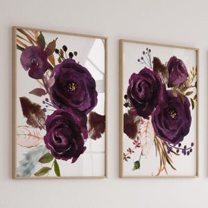 Plum Watercolor Flower Wall Art, Watercolor Floral Bedroom Wall Decor, Plum Floral Minimalist Artwork Set of 2 Prints or Canvas Pictures