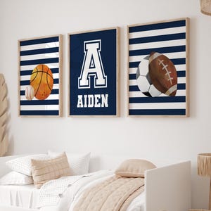 Navy Sports Prints, Boy Sports Bedroom Wall Art, Baseball Football Basketball Soccer Ball, Framed Sports Prints, Sports Canvas, Set of 3
