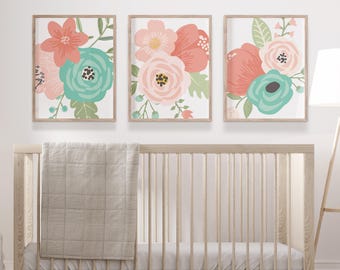 Coral Aqua Floral Nursery Art Prints, Set of 3 Baby Girl Room Decor