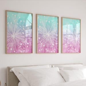 Teen Girl Room Decor, Dandelion Wall Art, Watercolor Ombre Pictures, Bedroom Decor Prints or Canvas, Pink Purple Aqua Dorm Room, Set of 3