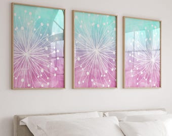 Teen Girl Room Decor, Dandelion Wall Art, Watercolor Ombre Pictures, Bedroom Decor Prints or Canvas, Pink Purple Aqua Dorm Room, Set of 3