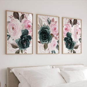 Blush Pink Wall Art, Girl Bedroom Decor, Watercolor Flower Prints or Canvas, Baby Girl Nursery Decor, Gift for Girl, Bedroom Ideas, Set of 3