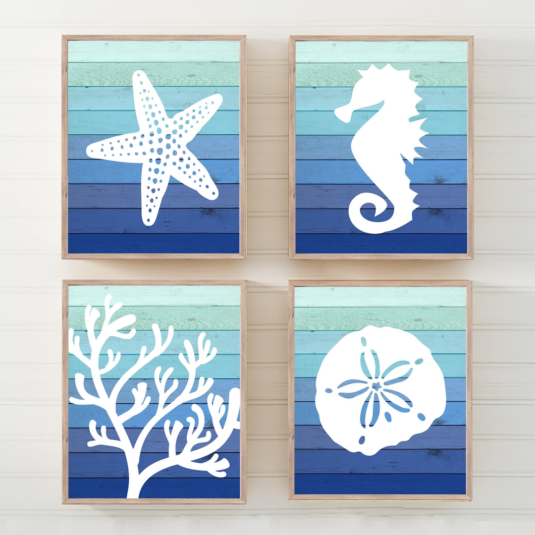 Beach Bathroom Wall Art, Ombre Beach Prints or Canvas Nautical Bathroom Decor, Starfish Seahorse ...