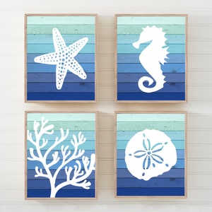 Beach Bathroom Wall Art, Ombre Beach Prints or Canvas Nautical Bathroom Decor, Starfish Seahorse Coral Reef, Beach Bath Sign Set of 4