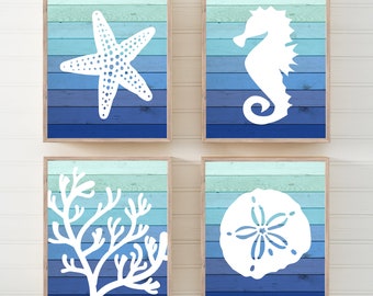 Beach Bathroom Wall Art, Ombre Beach Prints or Canvas Nautical Bathroom Decor, Starfish Seahorse Coral Reef, Beach Bath Sign Set of 4