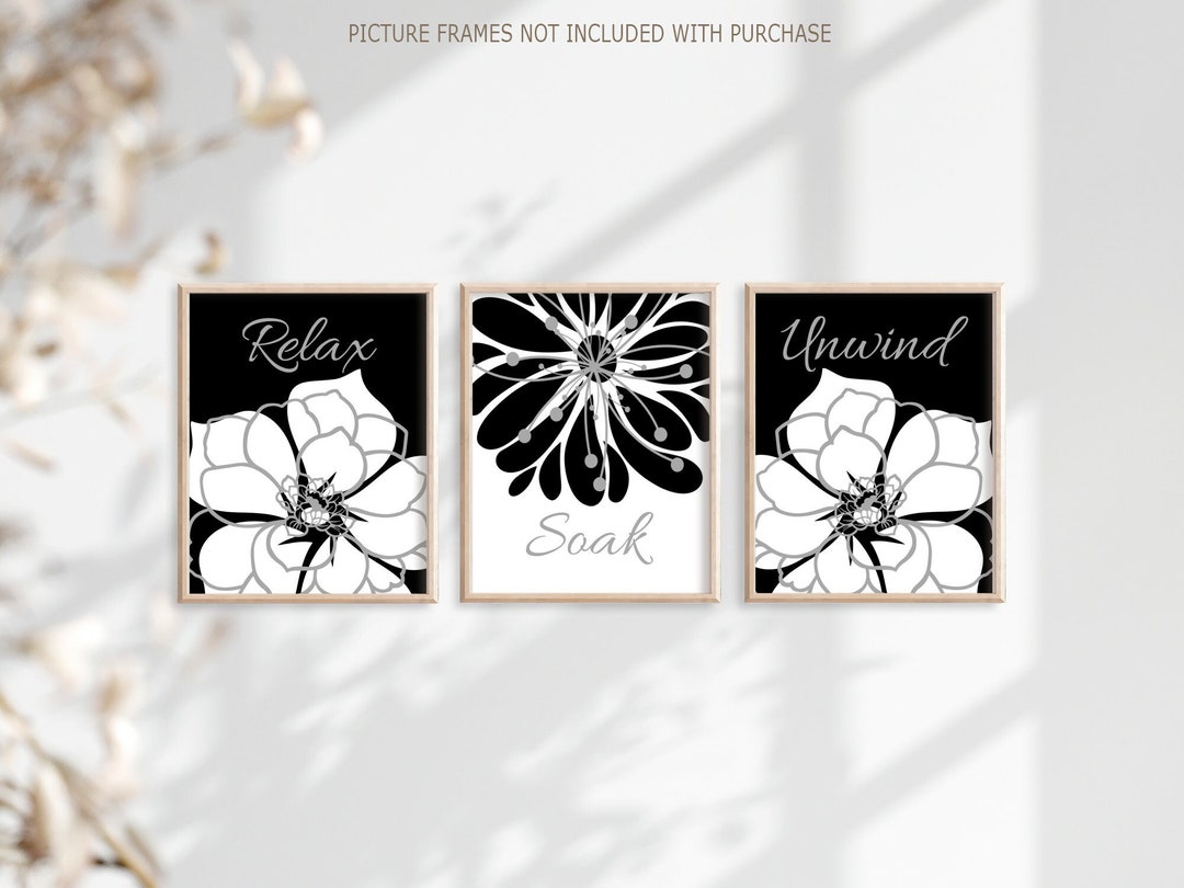 Black Gray Bathroom Wall Art Prints or Canvas, Relax Soak Unwind