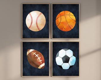 Sports Balls Wall Art Prints: Baseball, Basketball, Football, Soccer, Set of 4