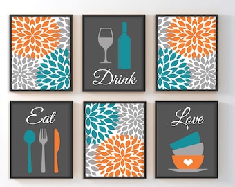 Kitchen Wall Art, Eat Drink Love Prints or Canvas Kitchen Quote Wall Decor, Dining Room Wall Decor, Teal Orange Kitchen Pictures Set of 6