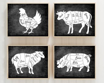 Farmhouse Wall Decor, Kitchen Decor, Meat Cuts Print Butcher Diagram Chart, Kitchen Wall Art, Chalkboard Decor, Prints or Canvas Set of 4