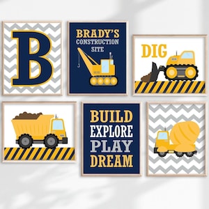 Construction Wall Art, Construction Trucks Prints or Canvas Big Boy Room Decor, Construction Theme Quotes, Set of 6 Framed Wall Art Pictures