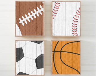 Sports Wall Art For Boys Room, Sports Nursery Art Prints or Canvas Distressed Wood Effect, Baby Boy Nursery Decor, Sports Balls, Set of 4