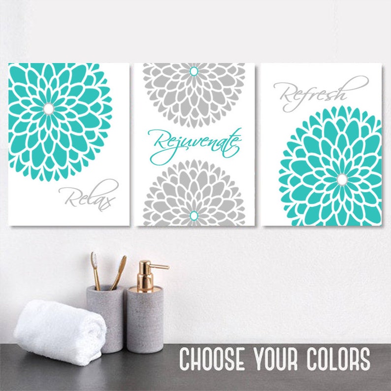 Peach Grey Bathroom Decor Prints Or Canvas Wall Art Floral Etsy