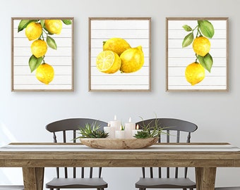 Watercolor Lemon Wall Art, Kitchen Lemon Prints or Canvas, Lemon Kitchen Decor, Watercolor Lemon Pictures, Vintage Lemon Artwork Set of 3