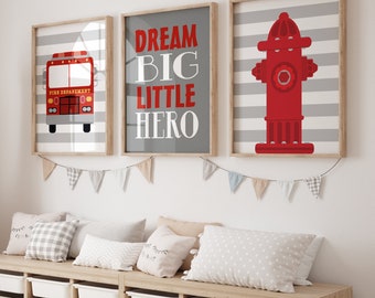 Fire Truck Prints For Boys Room, Printable Fire Truck Nursery Art Set of 3, Boy Printable Nursery Wall Art, Fire Engine Hydrant Wall Decor