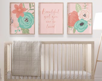 Floral Nursery Wall Art Prints: Pink Coral Aqua Flower, Set of 3