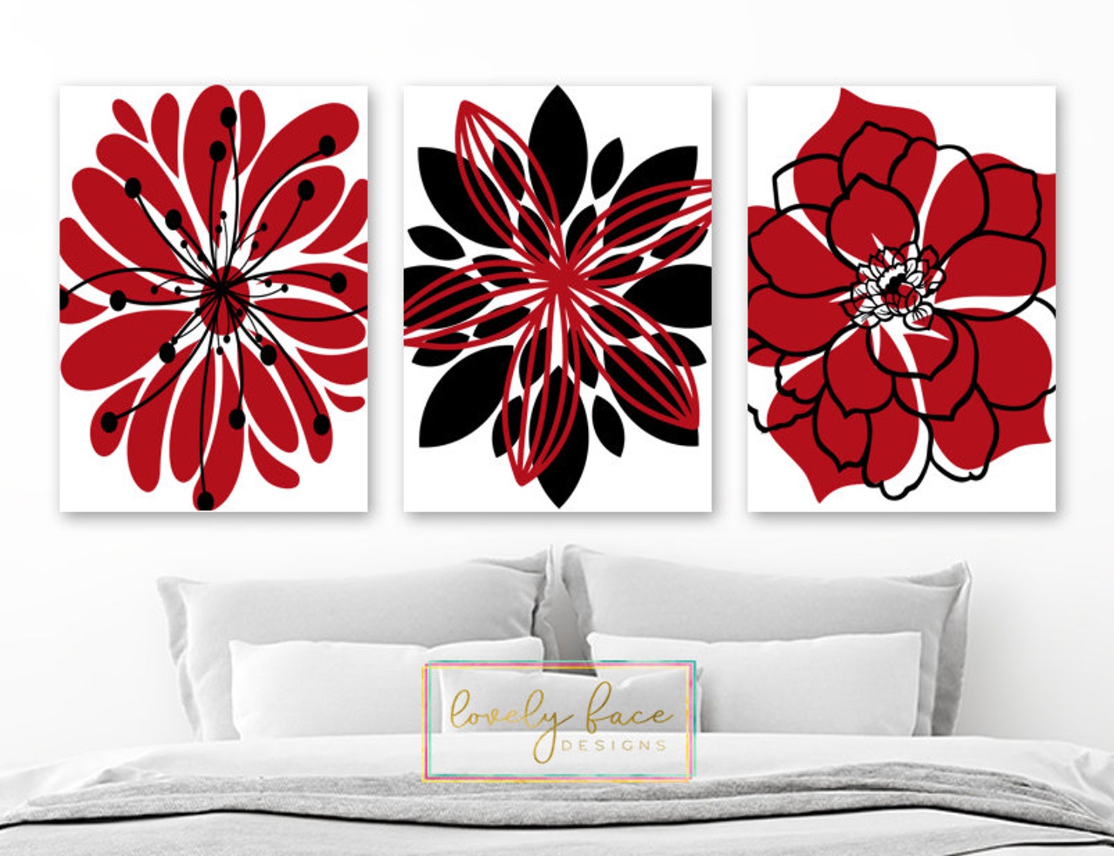 Red Flower Wall Art Flower Bedroom Wall Decor Prints or Etsy UK