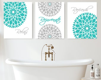 Flower Wall Art Bathroom Wall Decor Prints Or Canvas Bathroom Wall Art Relax Rejuvenate Refresh Turquoise Grey Bathroom Pictures Set of 3