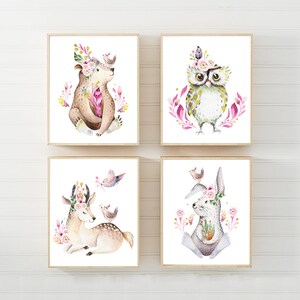 Woodland Nursery Prints Set of 4, Baby Girl Woodland Nursery Decor, Woodland Canvas, Baby Girl Gift, Baby Shower Gift, Watercolor Prints