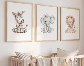 Safari Animal Prints, Safari Wall Art, Safari Nursery Decor, Pink Bow Decor, Set of 3 Prints or Canvas, Girl Nursery Wall Art