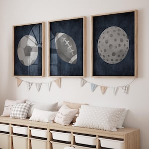 Navy blue and gray boys sports bedroom, Boys sports art, Nursery wall art prints or canvas, Navy sports theme bedroom, Set of 3