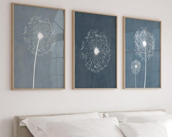 Blue Dandelion Wall Art Prints: Set of 3, Bedroom Decor