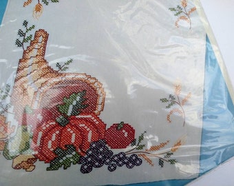 Bucilla NOS Kit Harvest Table Runner 14" x 43" DIY Stamped Cross Stitch * Thanksgiving Autumn 1980s Perfect for Your Fall Decorating