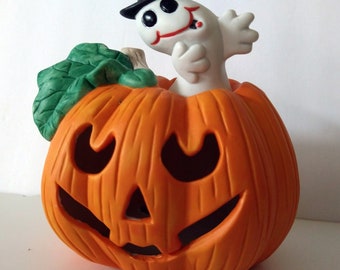 Vintage Halloween Lighted Pumpkin NIB 1993 JOL With Ghost Porcelain Hand Painted Original Box and Light Cord JoAnn Fabric
